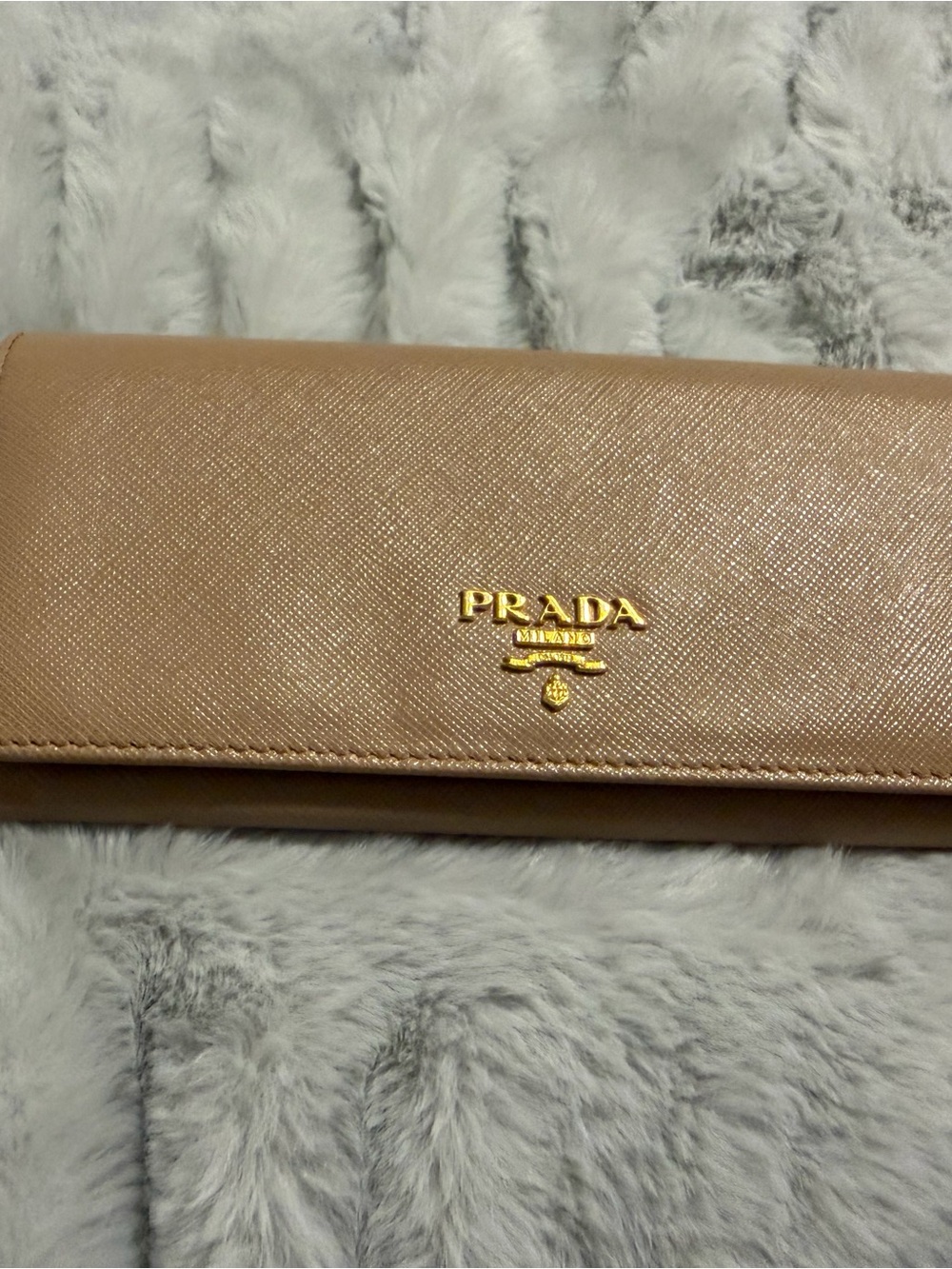 Prada Beige Saffiano Leather Continental Wallet with Gold Logo